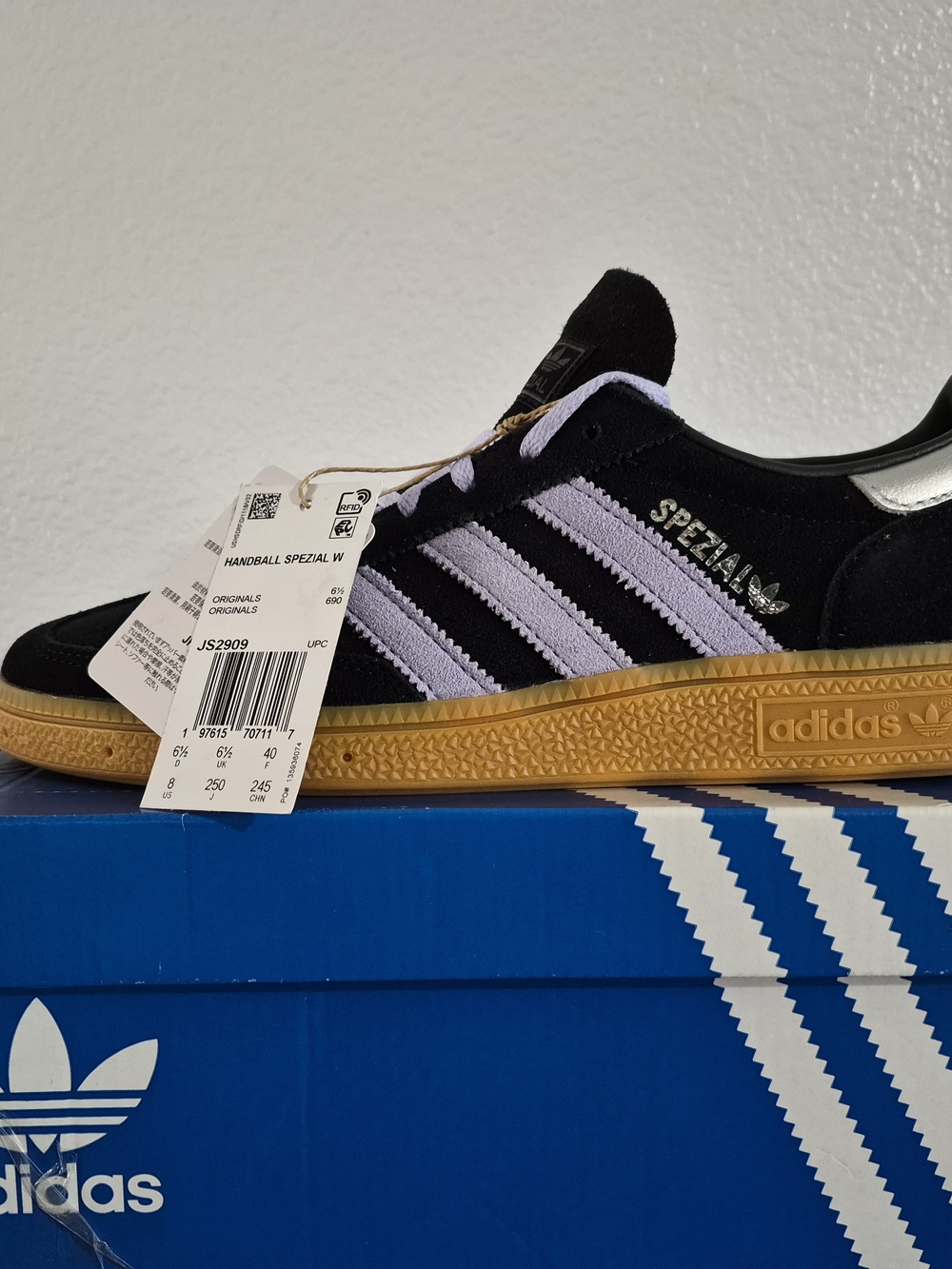 adidas Handball Spezial Black Suede Sneakers with Lavender Stripes Gum Soles W 8